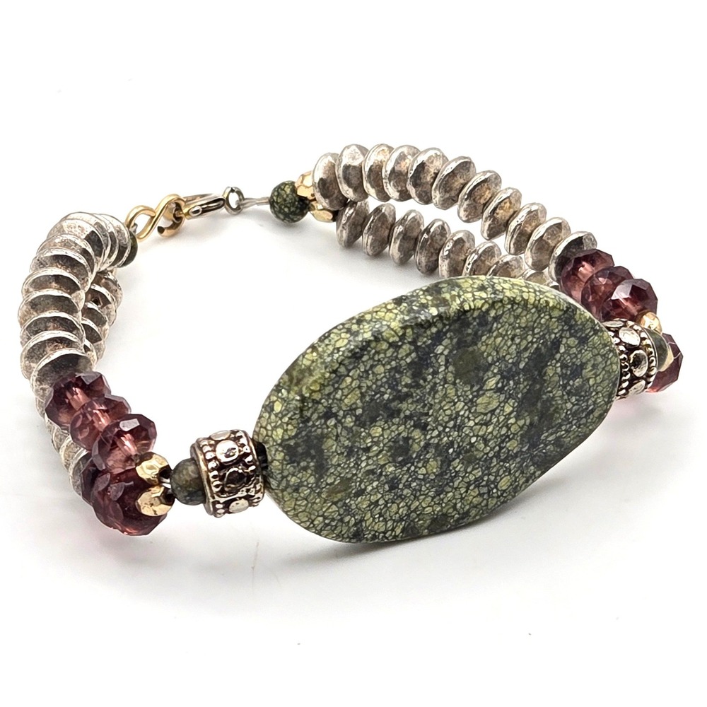 Green Serpentine Stone Beaded Bracelet Silver Saucer Purple Faceted Beads 6.5"